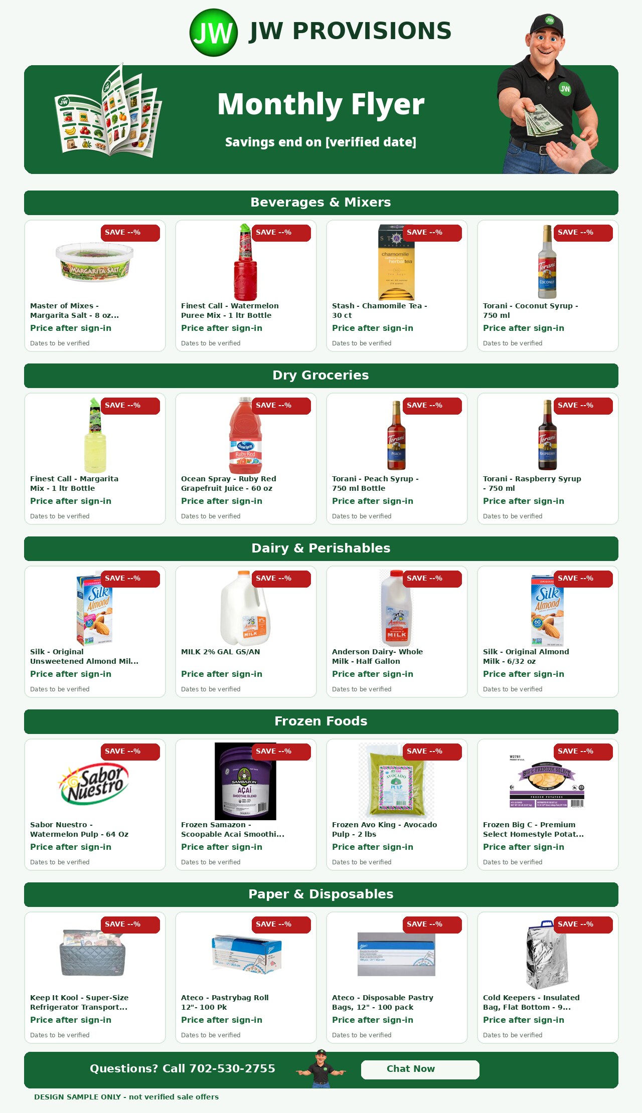 JW Provisions monthly flyer design sample, page 1 of 2., not verified sale offers.